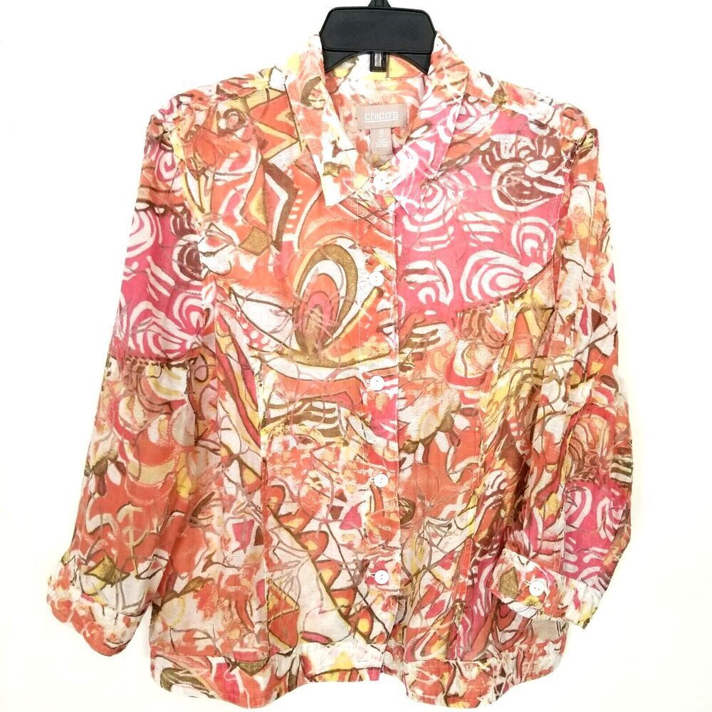 Chico's Women Semisheer Lightweight Jacket Sz XL Paisley Floral Button Up Boho